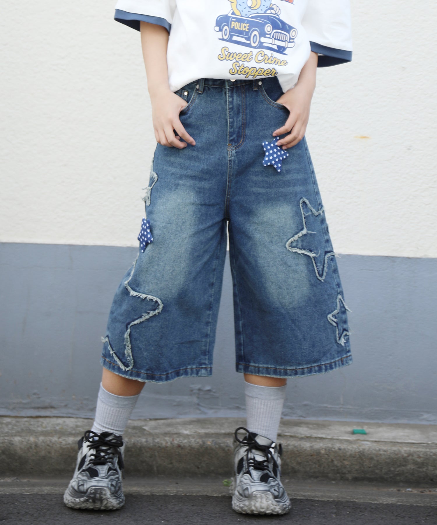 HOOK　スター刺繍×ブローチ カットオフ デニムショーツ ワイドハーフパンツ Y2K ユニセックス ストリート