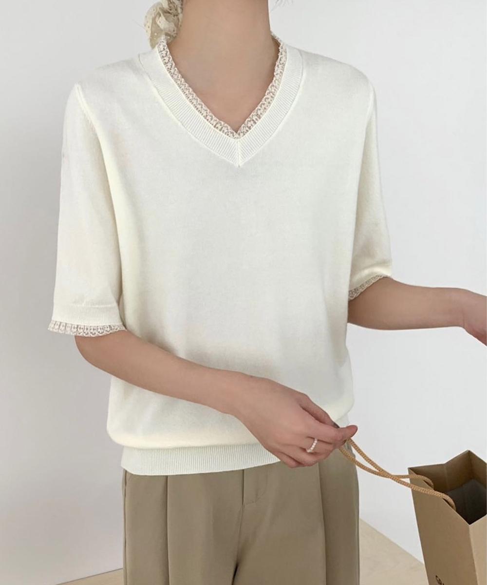 Vネック半袖ニットトップス – 《公式》moremore（モアモア）