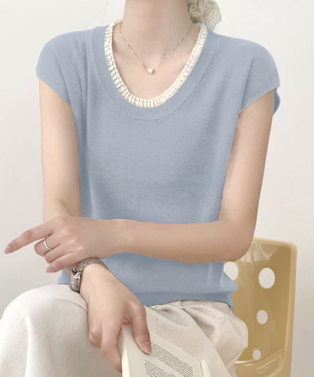 配色クルーネック半袖ニットトップス
