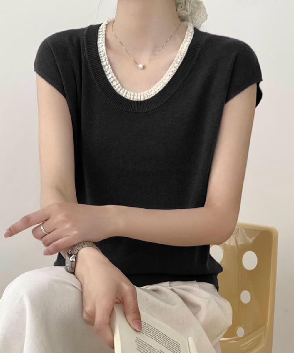 配色クルーネック半袖ニットトップス