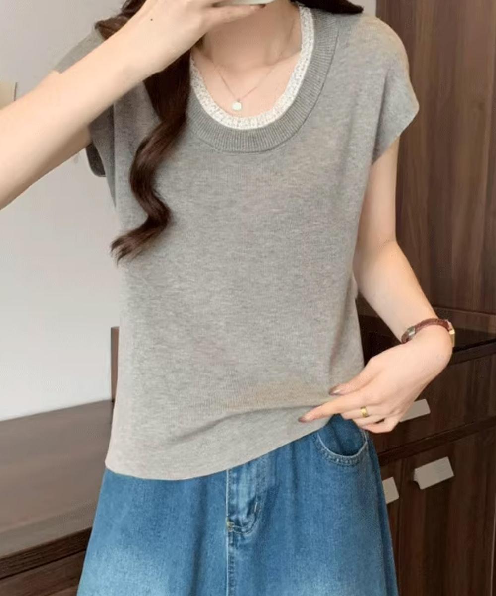 配色クルーネック半袖ニットトップス