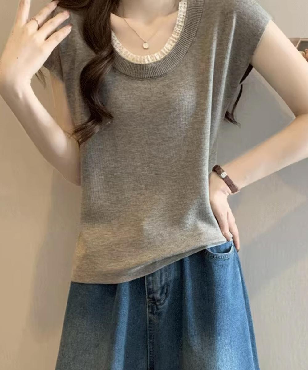 配色クルーネック半袖ニットトップス