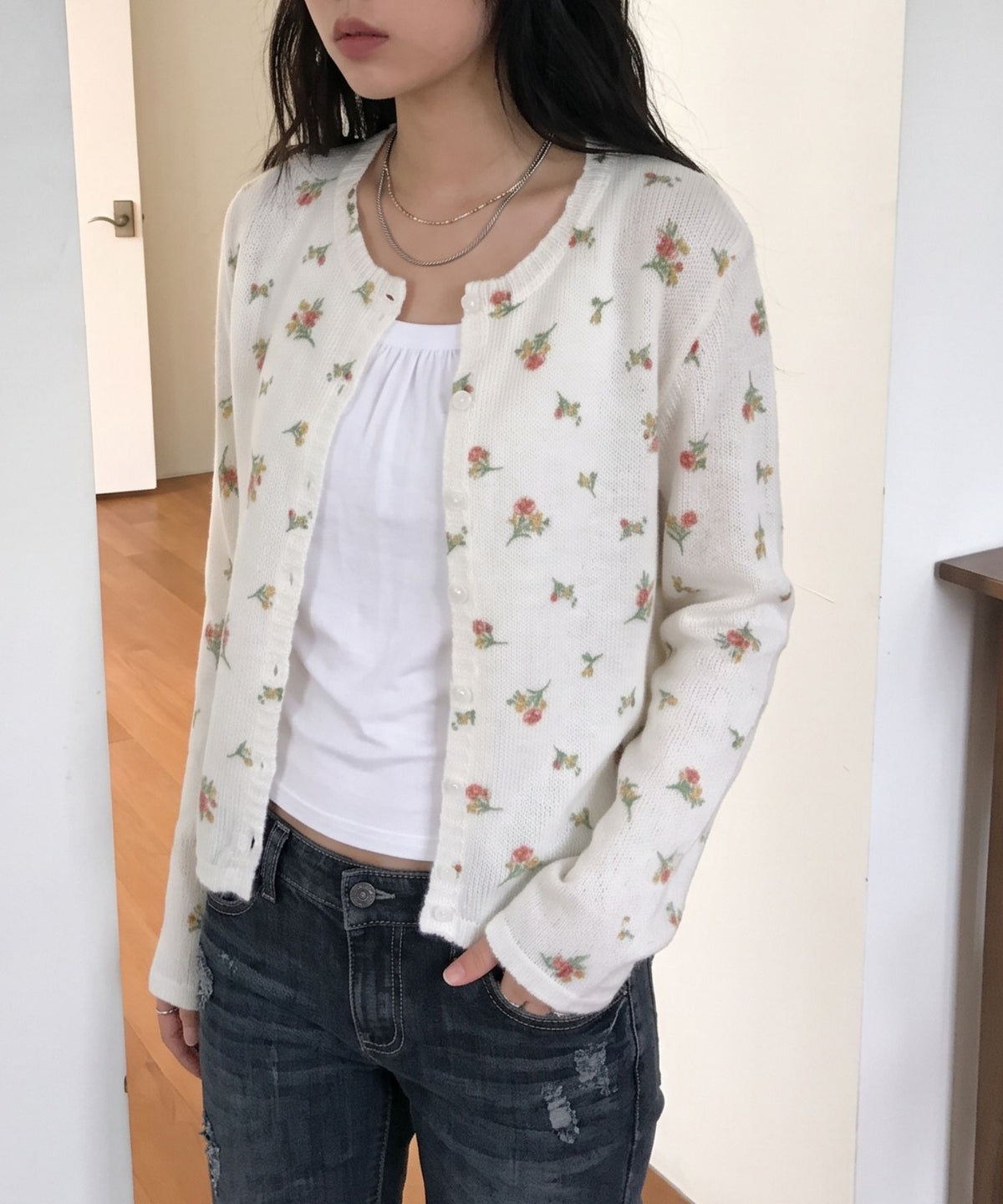 aimoha/小花柄シアーニットカーディガン