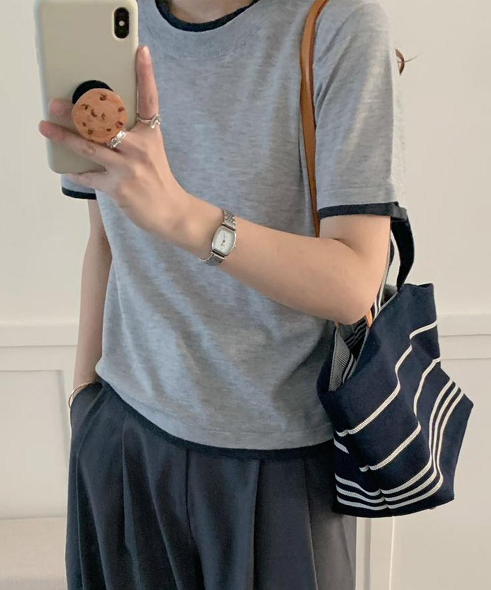 配色クルーネックリブニットトップス