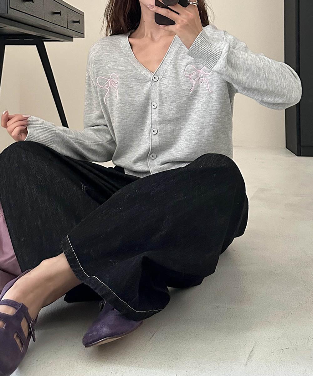 【aimoha】リボン刺繍Vネックニットカーディガン