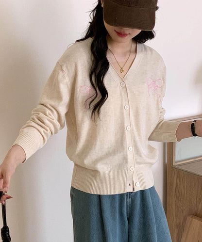 【aimoha】リボン刺繍Vネックニットカーディガン
