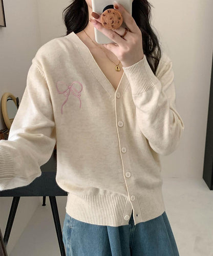 【aimoha】リボン刺繍Vネックニットカーディガン