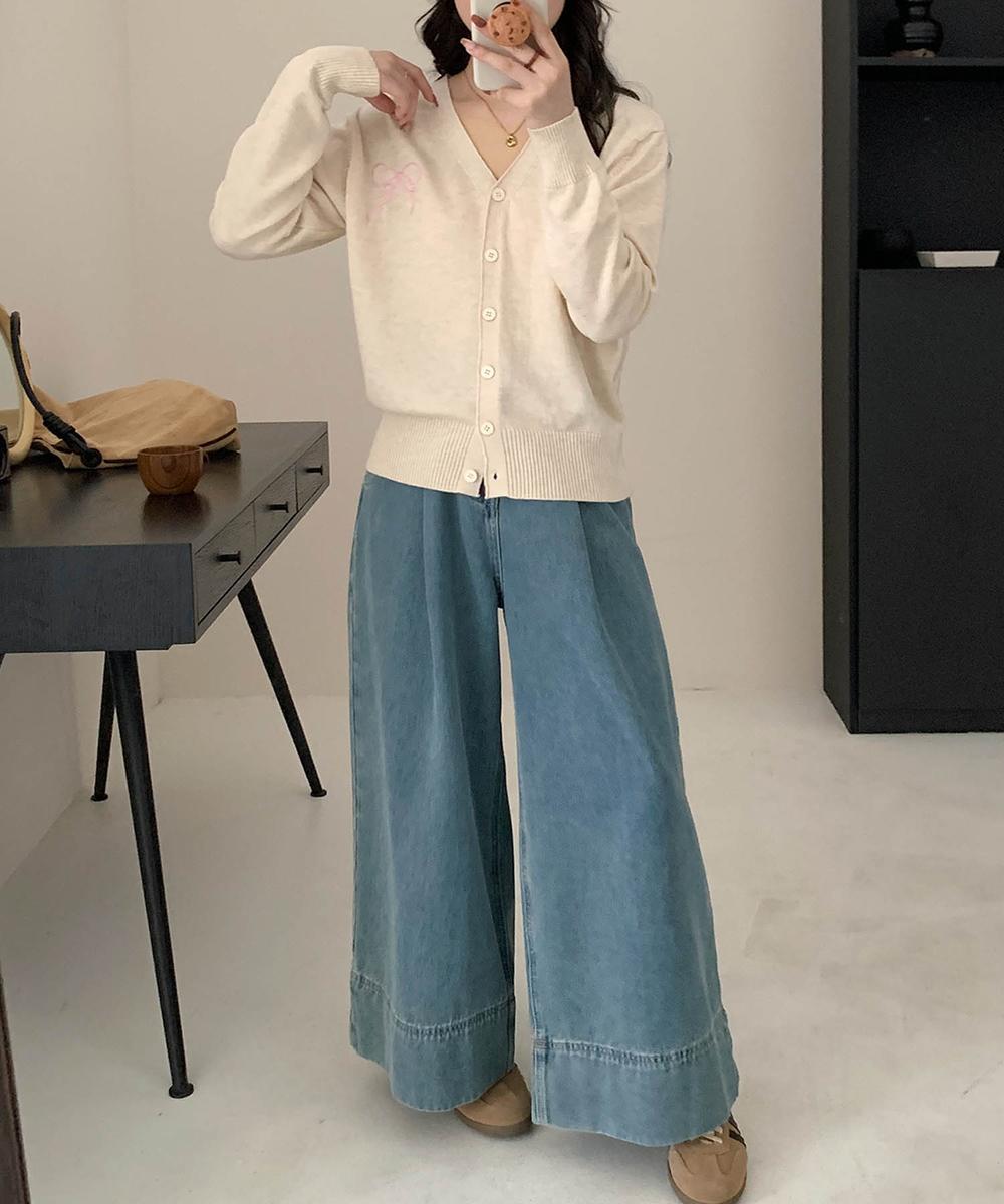 【aimoha】リボン刺繍Vネックニットカーディガン