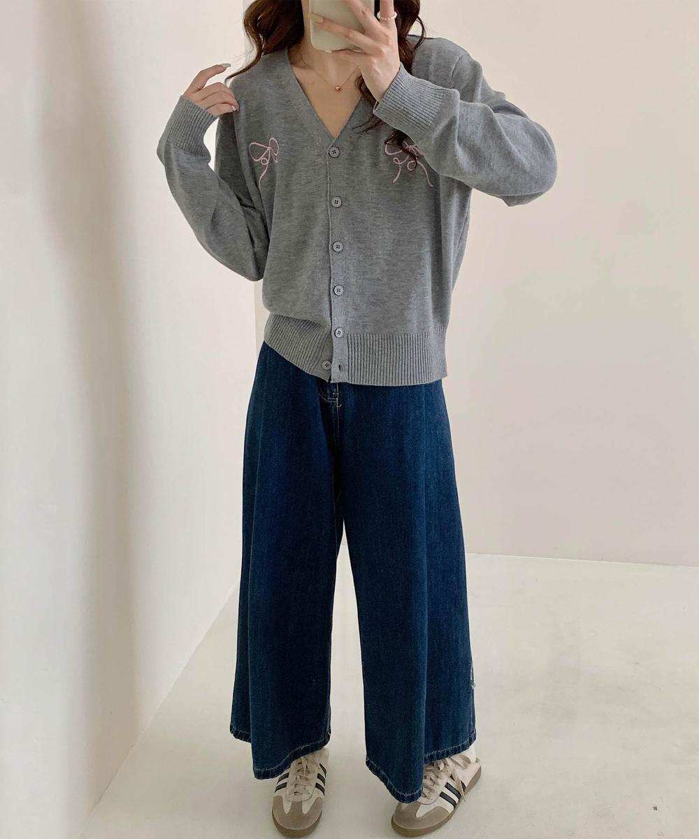 【aimoha】リボン刺繍Vネックニットカーディガン