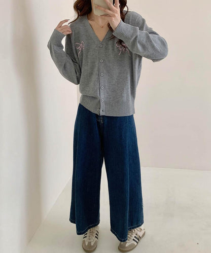 【aimoha】リボン刺繍Vネックニットカーディガン