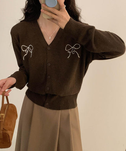 【aimoha】リボン刺繍Vネックニットカーディガン