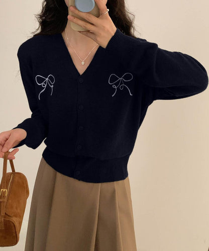 【aimoha】リボン刺繍Vネックニットカーディガン