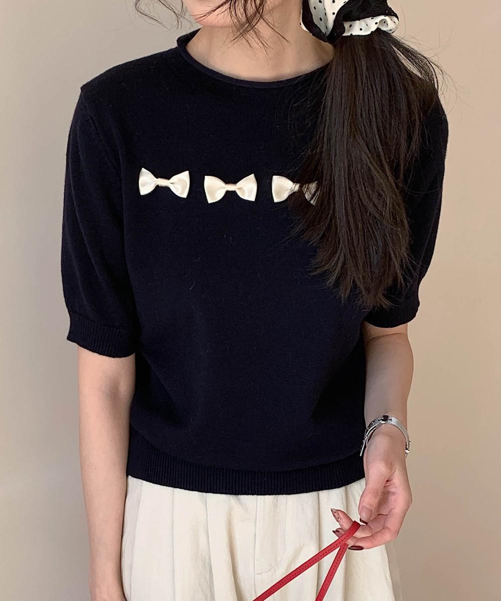 【aimoha】リボンモチーフ ロールネック半袖ニットトップス