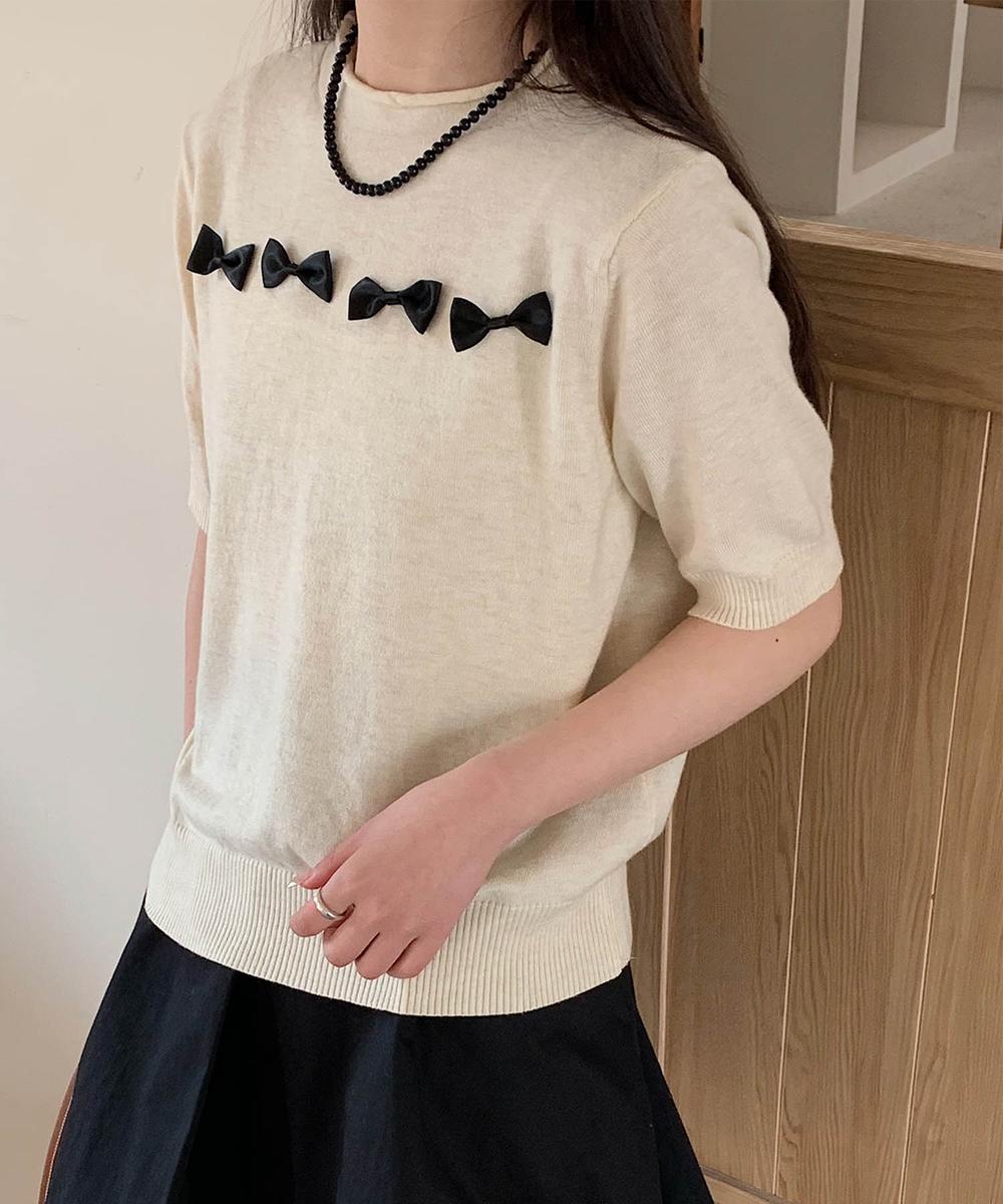 【aimoha】リボンモチーフ ロールネック半袖ニットトップス