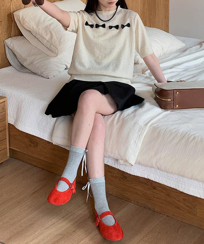 【aimoha】リボンモチーフ ロールネック半袖ニットトップス