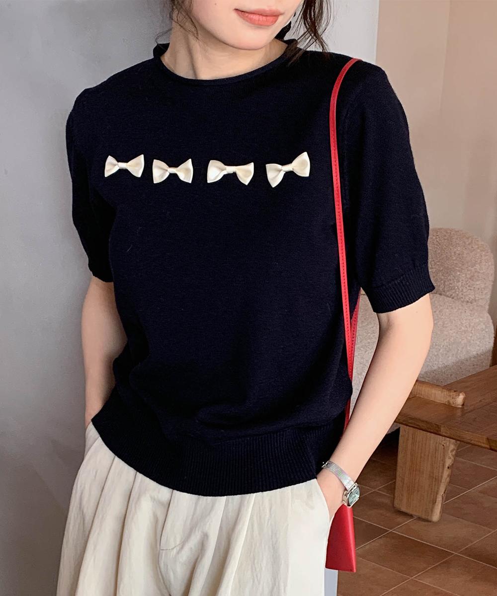 【aimoha】リボンモチーフ ロールネック半袖ニットトップス