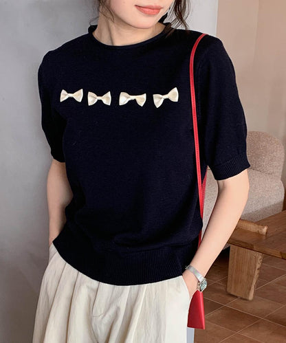 【aimoha】リボンモチーフ ロールネック半袖ニットトップス