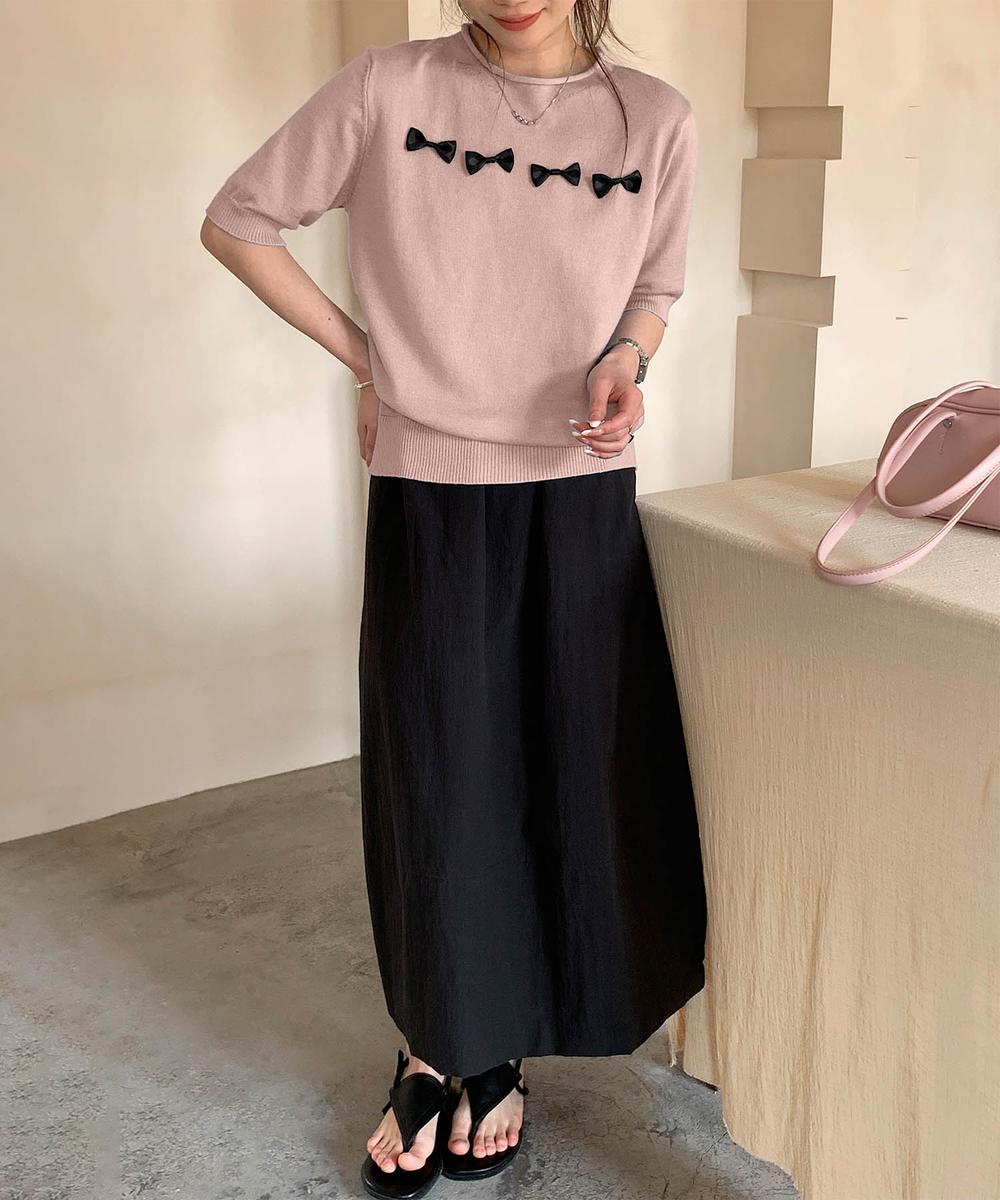【aimoha】リボンモチーフ ロールネック半袖ニットトップス