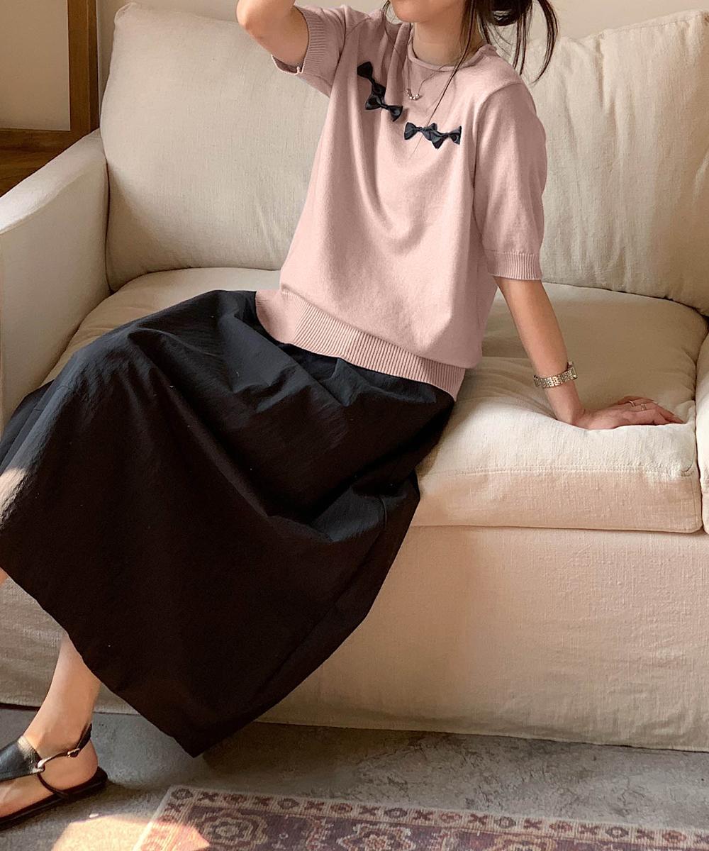 【aimoha】リボンモチーフ ロールネック半袖ニットトップス
