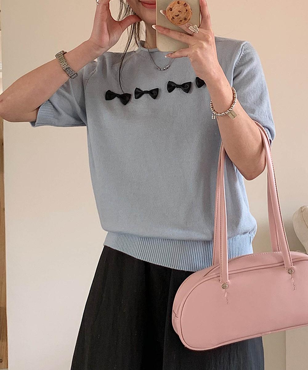【aimoha】リボンモチーフ ロールネック半袖ニットトップス