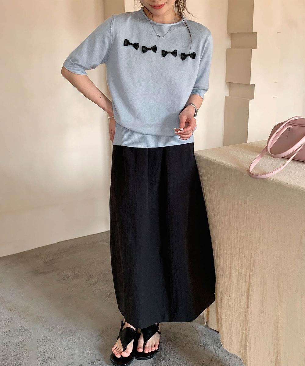 【aimoha】リボンモチーフ ロールネック半袖ニットトップス