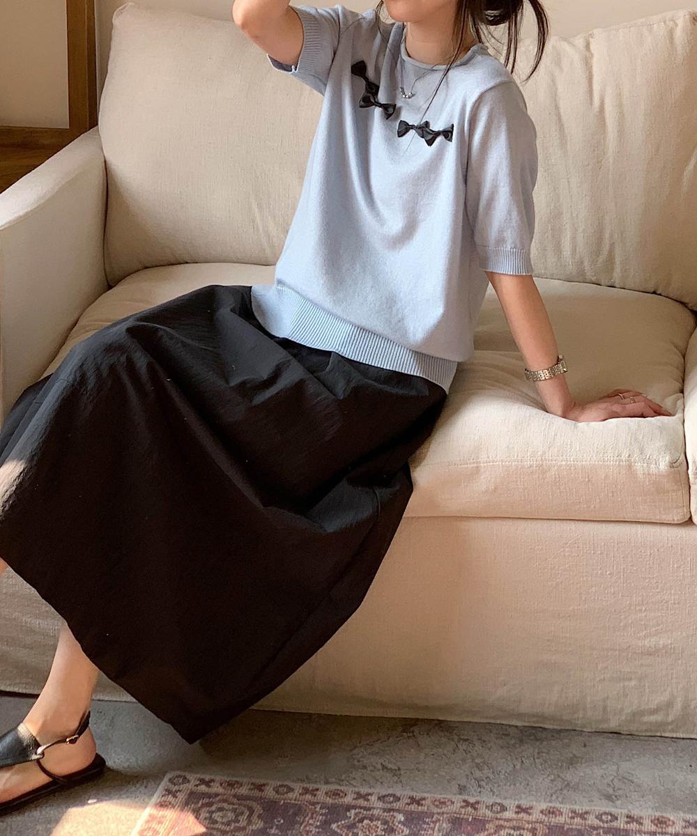【aimoha】リボンモチーフ ロールネック半袖ニットトップス