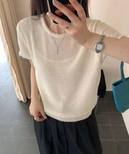 ラウンドネックシンプル半袖ニットトップス