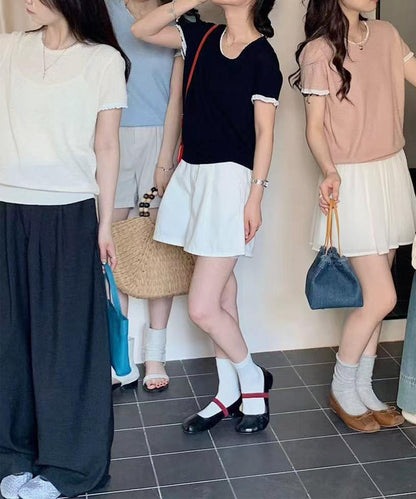 ラウンドネックシンプル半袖ニットトップス