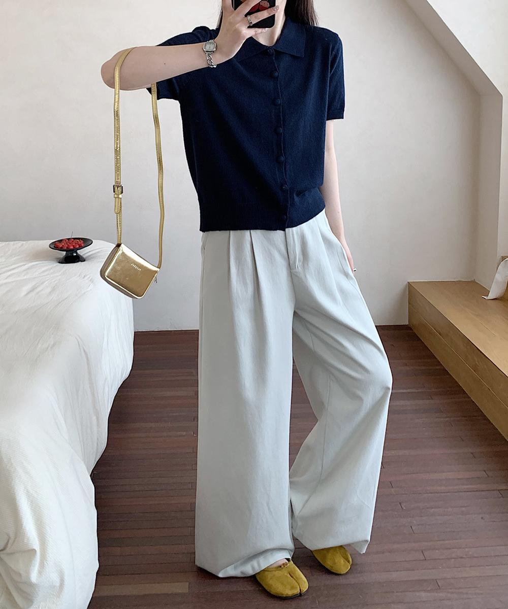 ポロ襟ボタン付き半袖ニットトップス
