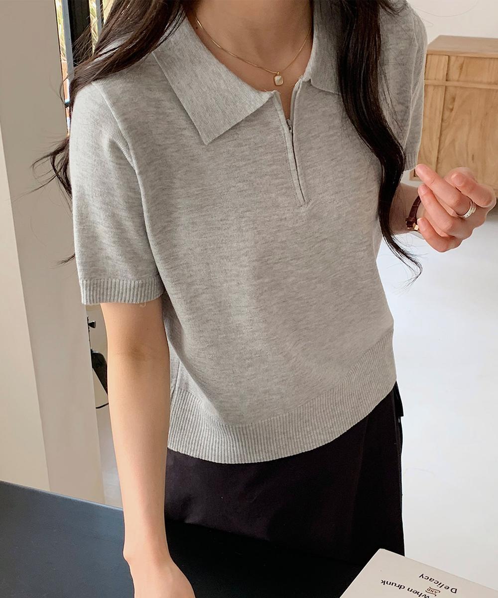 ファスナー付きポロ襟半袖ニットトップス