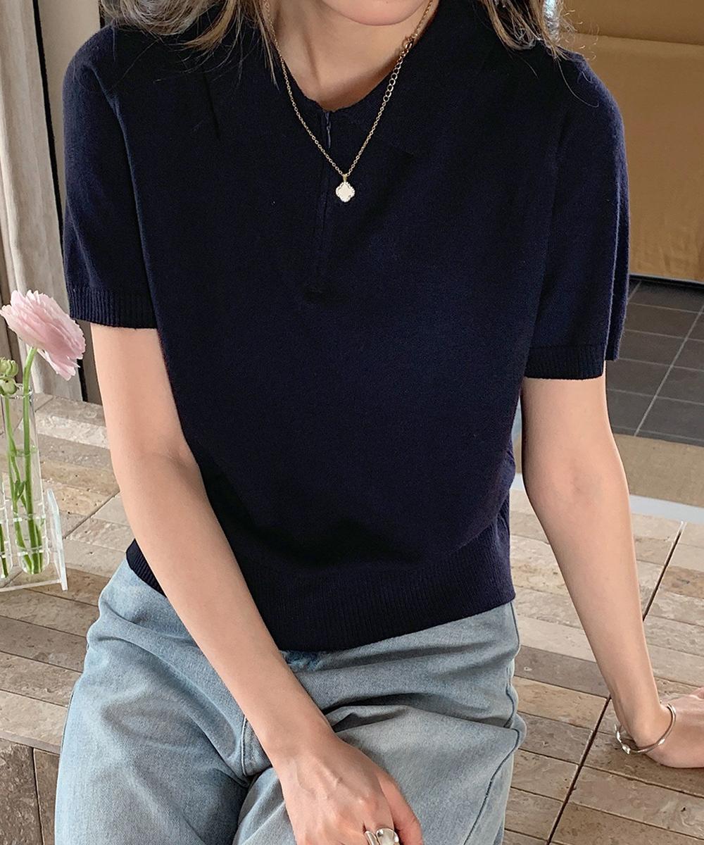 ファスナー付きポロ襟半袖ニットトップス