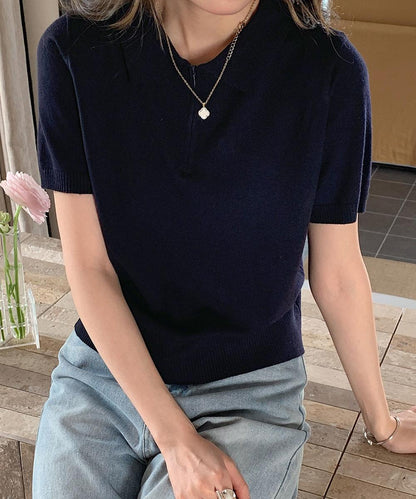 ファスナー付きポロ襟半袖ニットトップス