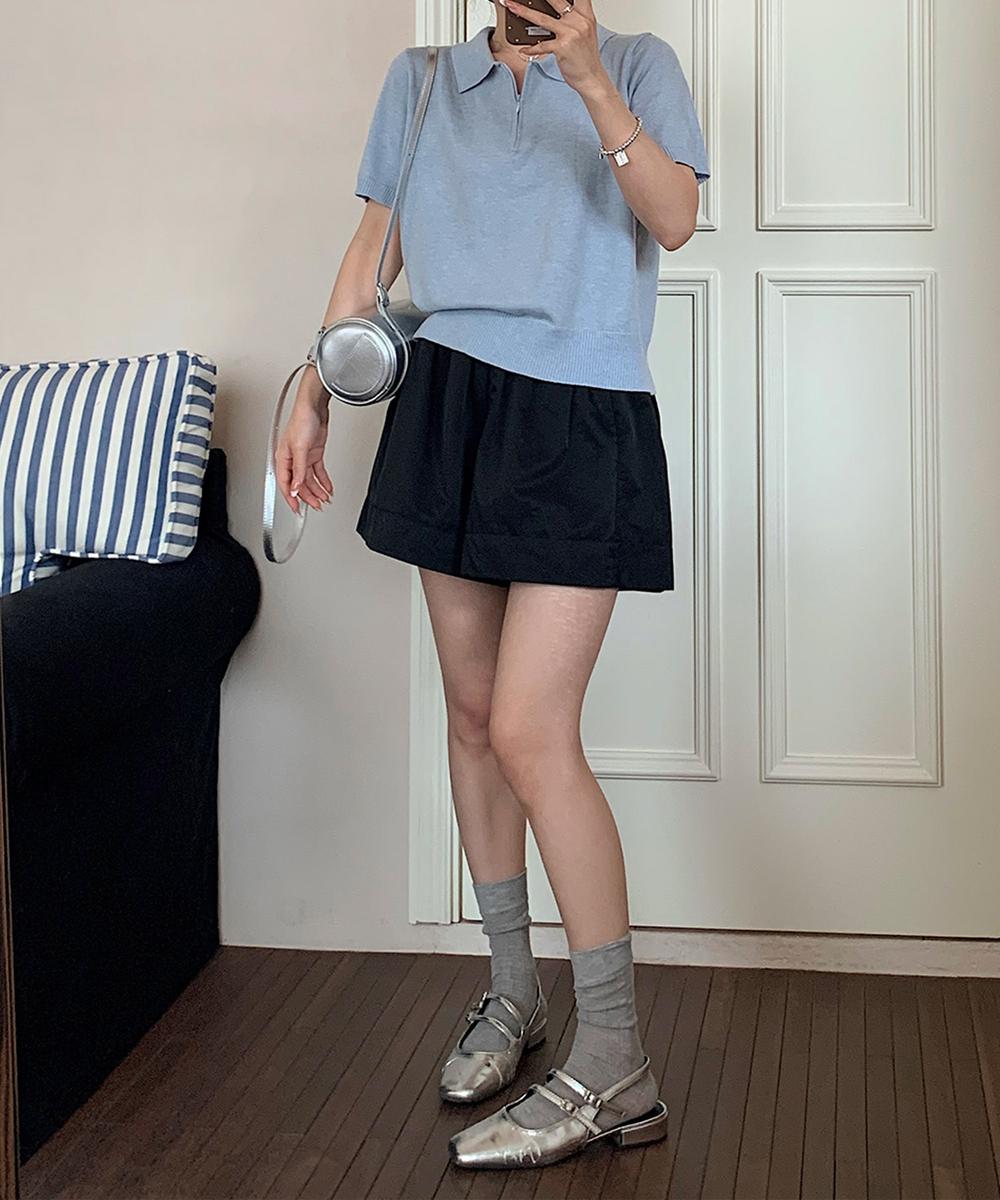 ファスナー付きポロ襟半袖ニットトップス