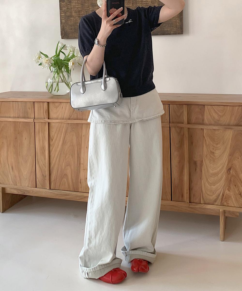 かぎ編み風ネックライン半袖ニットトップス