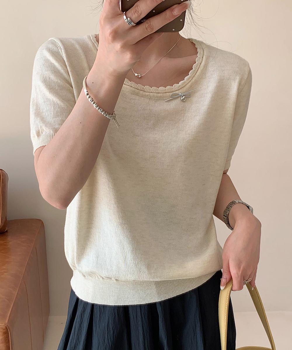 かぎ編み風ネックライン半袖ニットトップス