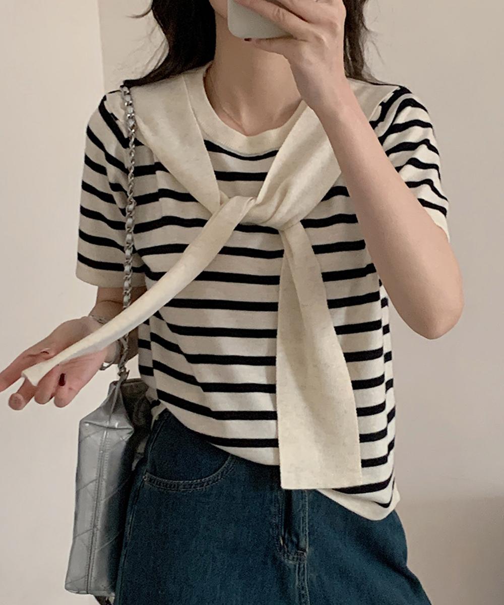 カーディガン風アクセント付き半袖ニットトップス
