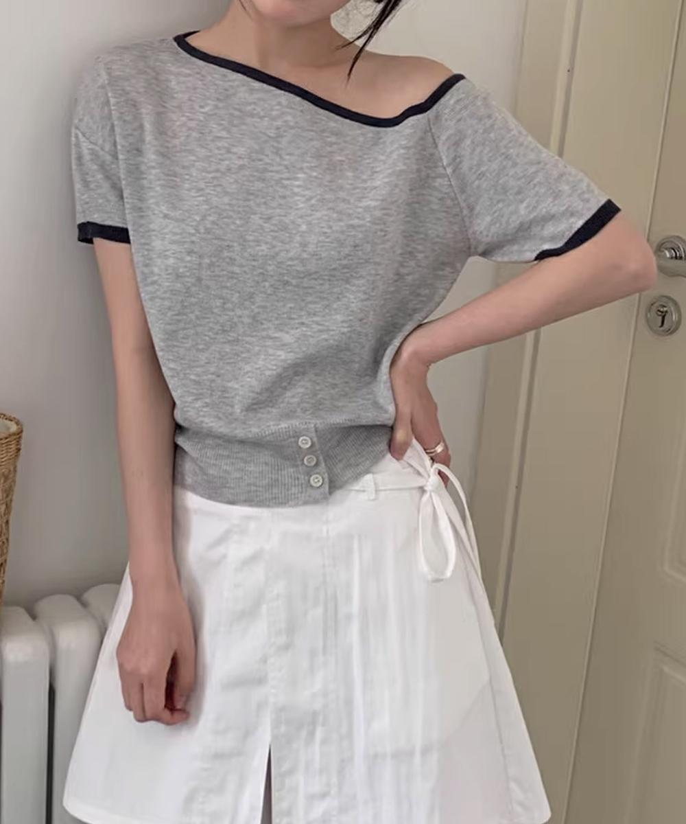 【aimoha】アシンメトリーショルダー ニットトップス