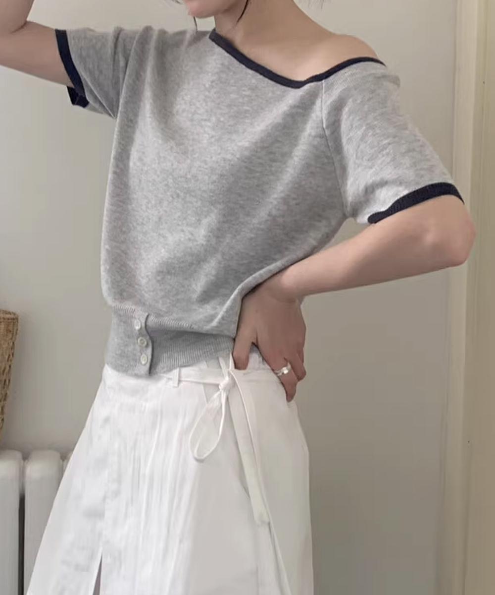 【aimoha】アシンメトリーショルダー ニットトップス