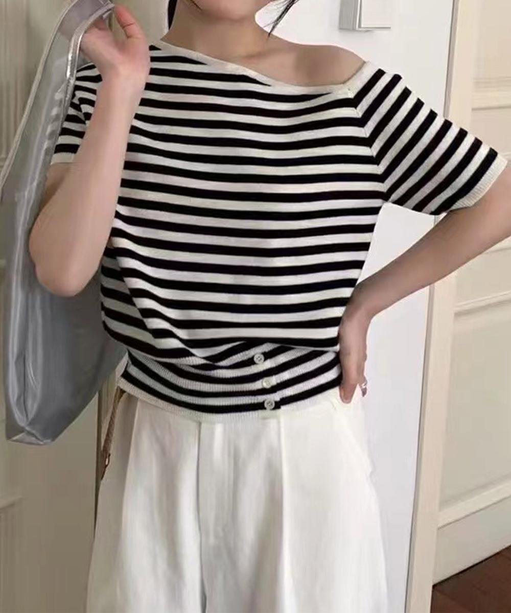 【aimoha】アシンメトリーショルダー ニットトップス