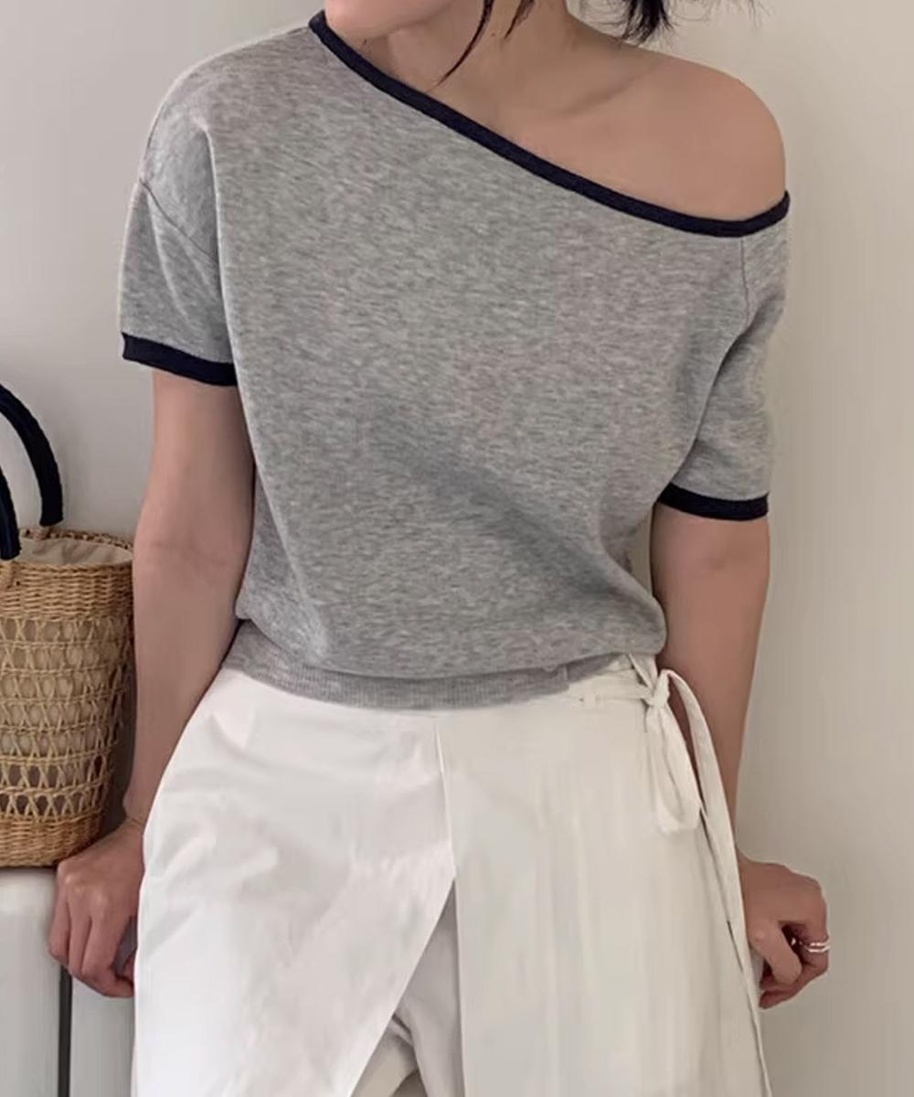 【aimoha】アシンメトリーショルダー ニットトップス