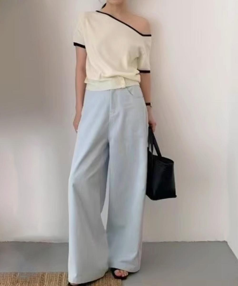 【aimoha】アシンメトリーショルダー ニットトップス
