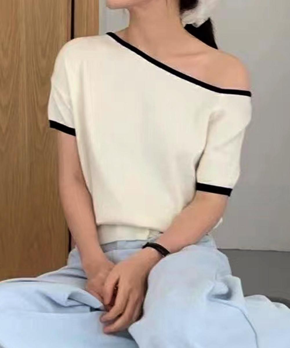 【aimoha】アシンメトリーショルダー ニットトップス