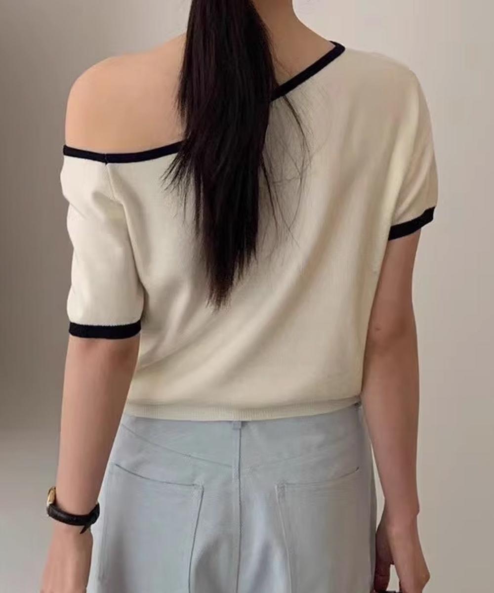 【aimoha】アシンメトリーショルダー ニットトップス