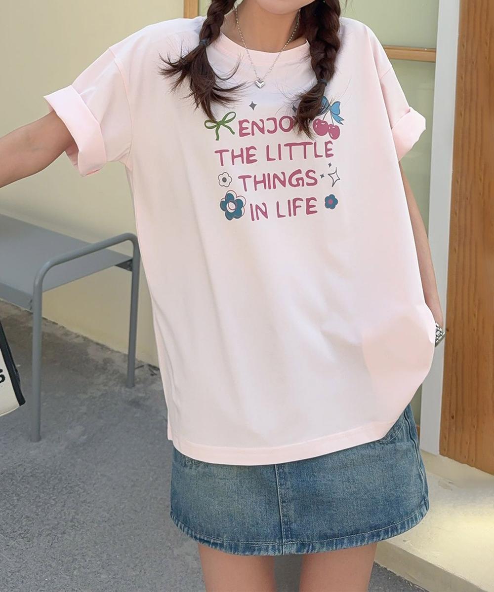 【aimoha】ロゴ＆チェリーイラストプリントTシャツ
