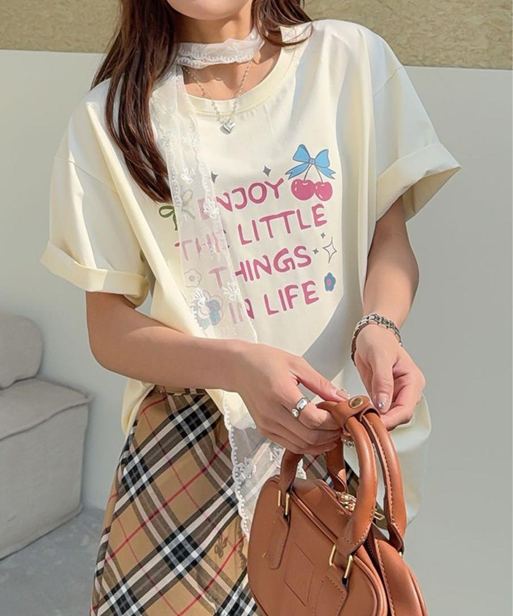 【aimoha】ロゴ＆チェリーイラストプリントTシャツ