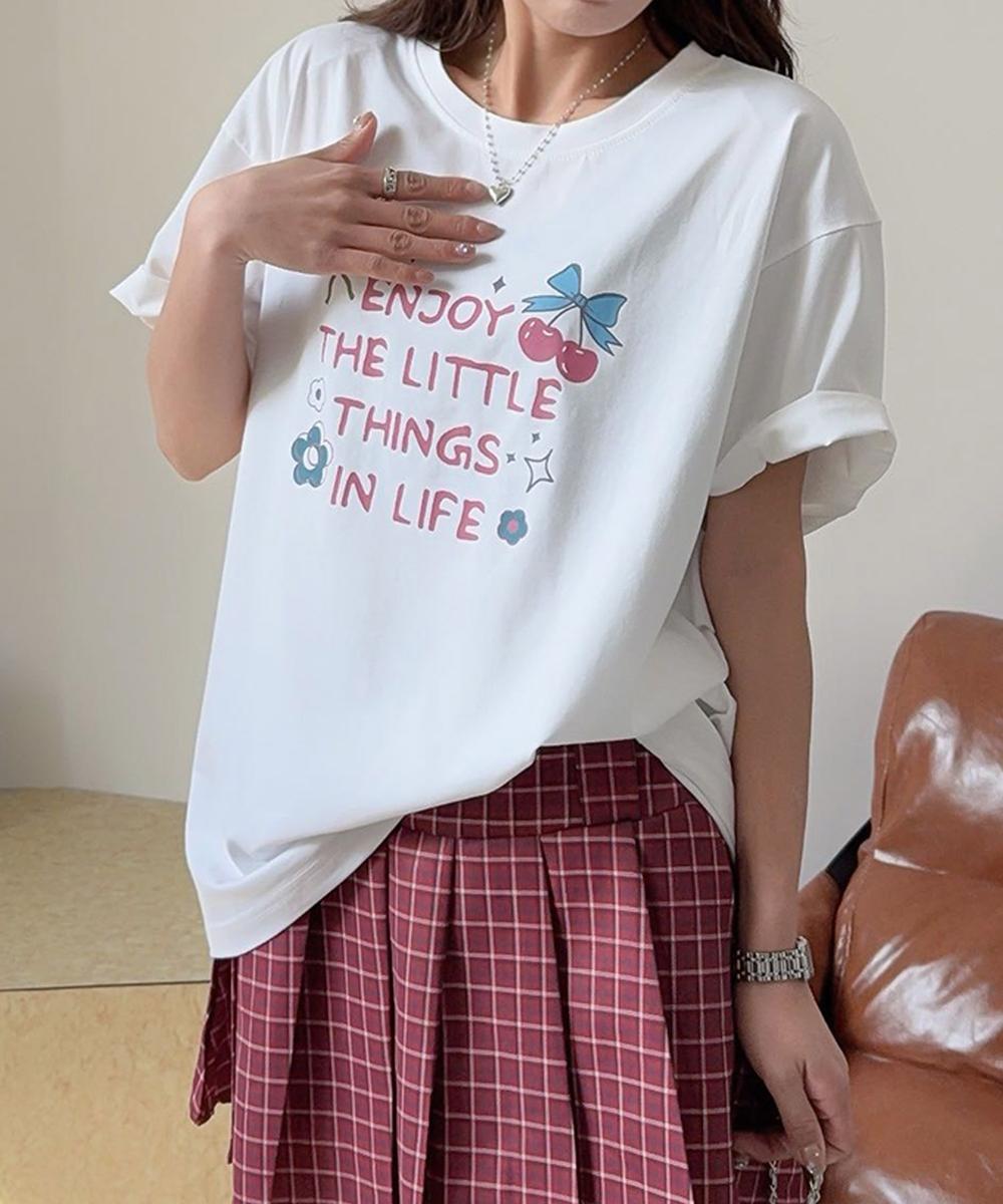 【aimoha】ロゴ＆チェリーイラストプリントTシャツ