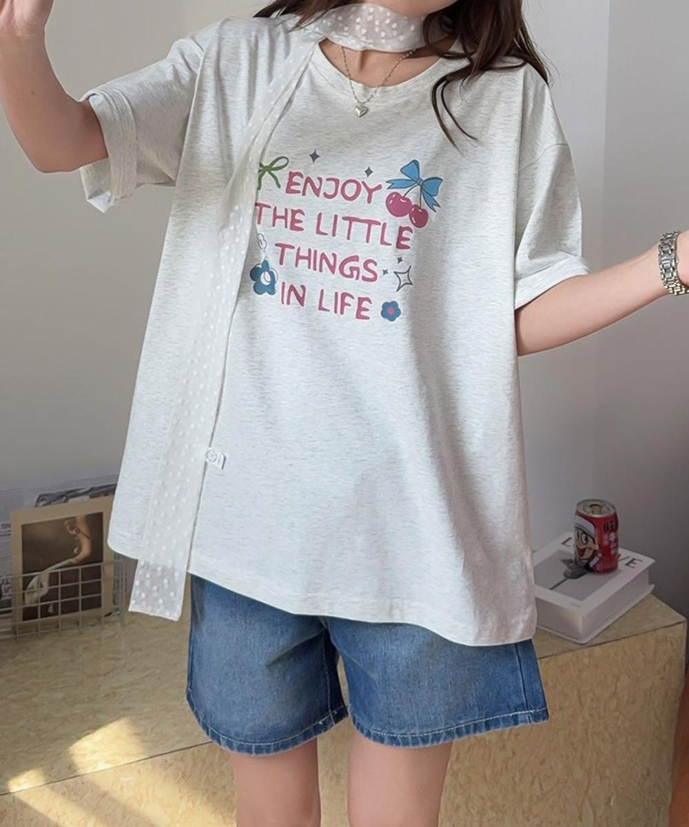 【aimoha】ロゴ＆チェリーイラストプリントTシャツ