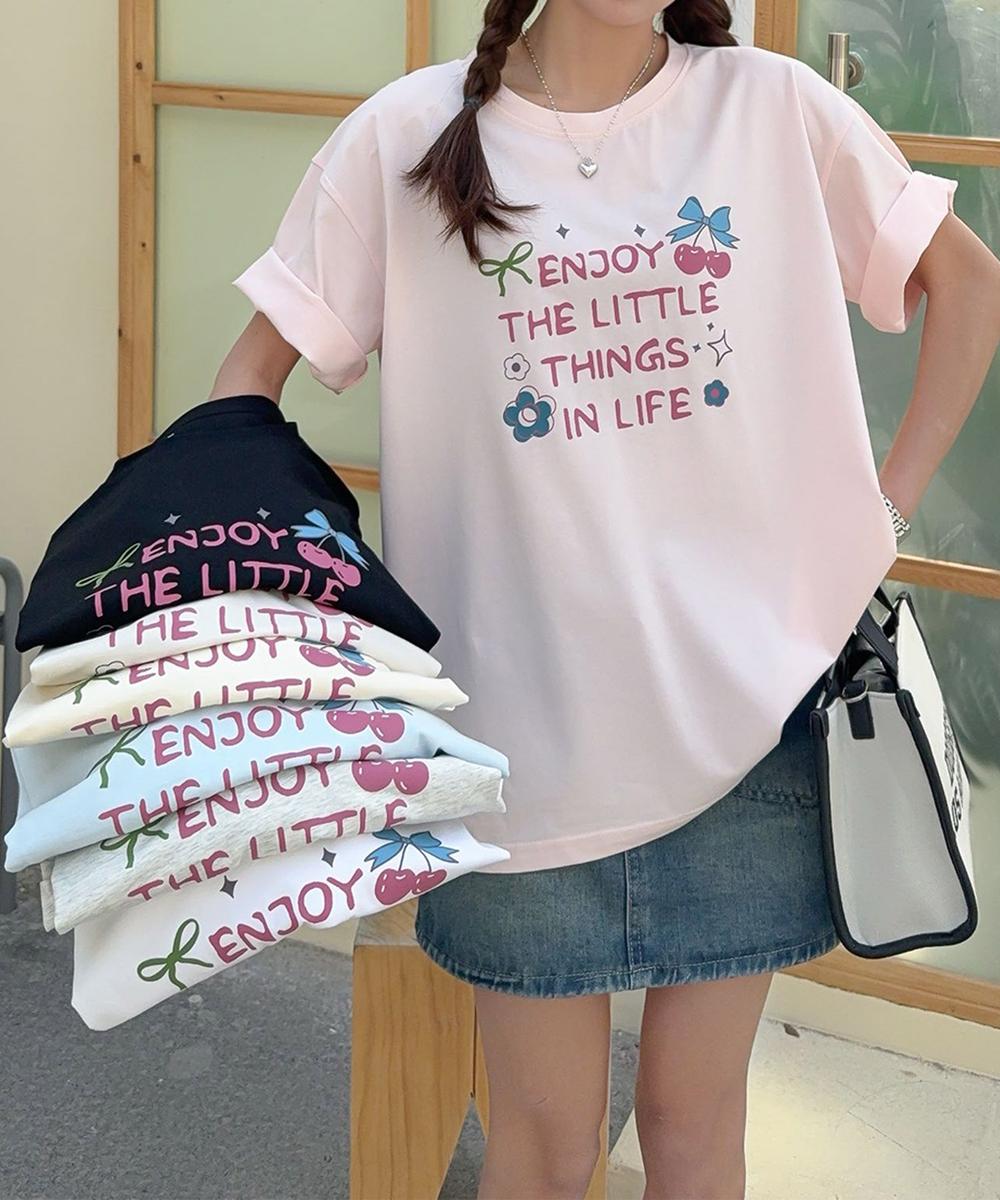 【aimoha】ロゴ＆チェリーイラストプリントTシャツ