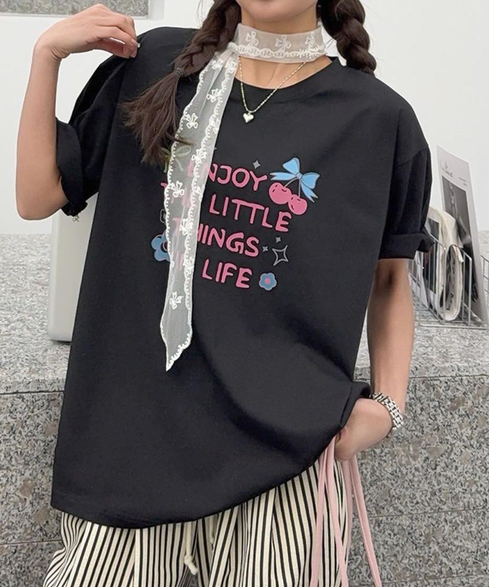 【aimoha】ロゴ＆チェリーイラストプリントTシャツ