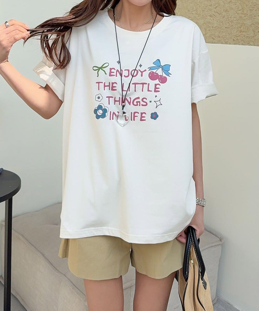 【aimoha】ロゴ＆チェリーイラストプリントTシャツ
